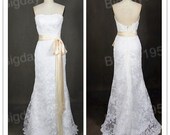 Handmade Strapless Lace Wedding Dreses Colume Sheath Satin Sash Bridal Wedding Dress