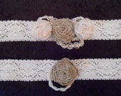 Beautiful Rustic Country Western UNIQUE Wedding Burlap Rosette Beaded Lace Shabby Cottage Rose Ring Pillow Flower Handmade Bridal Garter Set