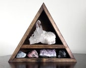 crystal and mineral stone collection in handmade triangle wood curio shelf