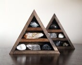crystal and mineral stone collection in handmade triangle wood curio shelf