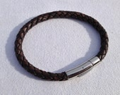 Natural Aged Brown Braided Bolo Leather Bracelet with Stainless Steel Curved Clasp