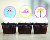 Ocean Themed Birthday Party Printable Cupcake Toppers- PDF file - Pink Whales, Yellow Fish, Palm Trees, Sea Shell