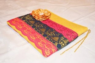 Zipper pouch / clutch golden yellow with red and dark blue