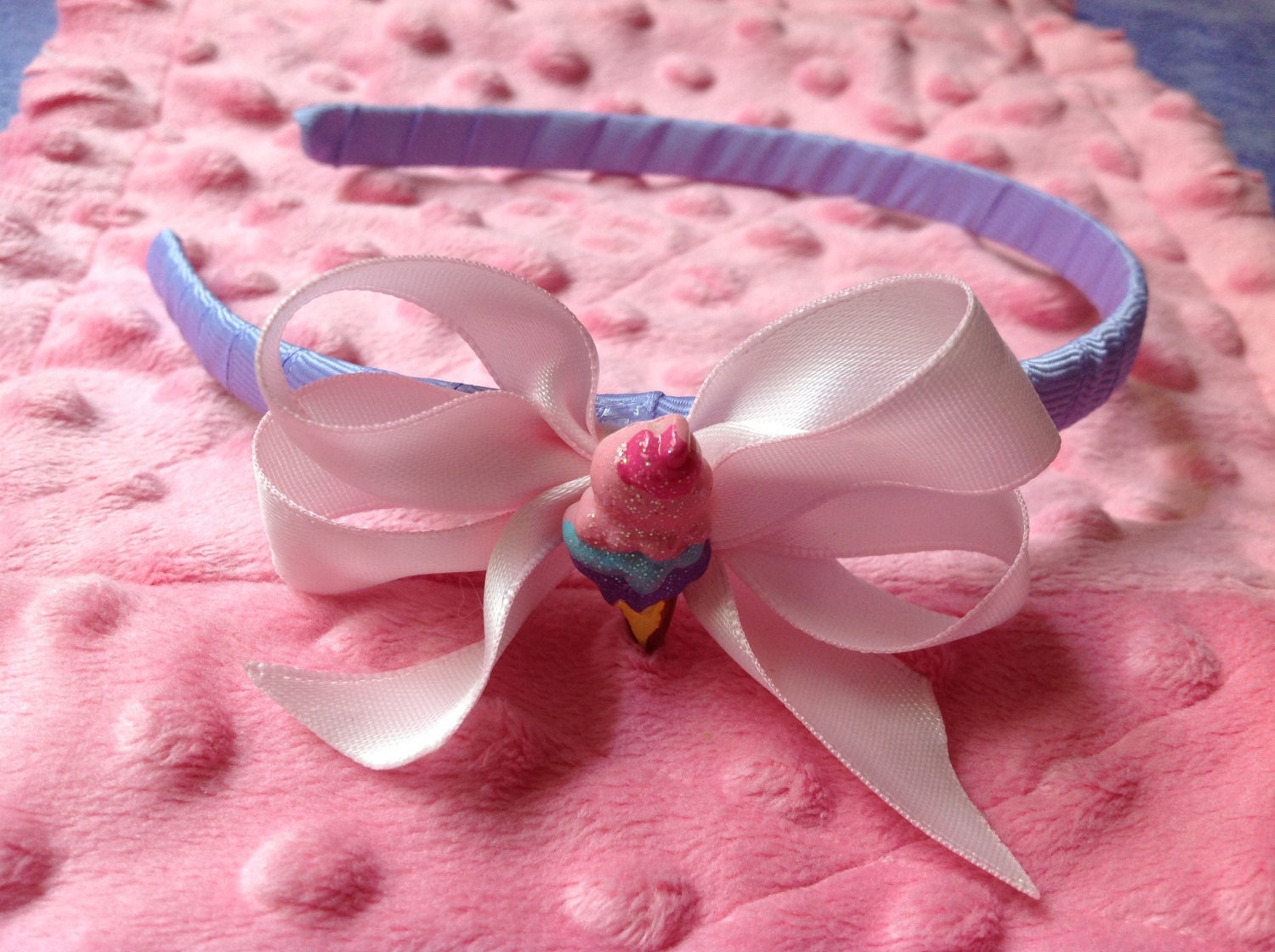 Purple Plastic Headband w/Pink Satin Double Bow w/Glittery Ice Cream Cone for Toddler Baby Girl any occasion or Birthday Party READY TO SHIP