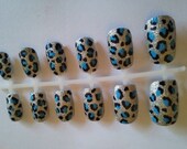 Glittery Blue Leopard Print Fake Nails - Handpainted