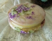 Gorgeous and Exquisite T & V Handpainted Floral Limoges France Powder Jar. Purple Pansies With Green Leaves. Antique Porcelain China.