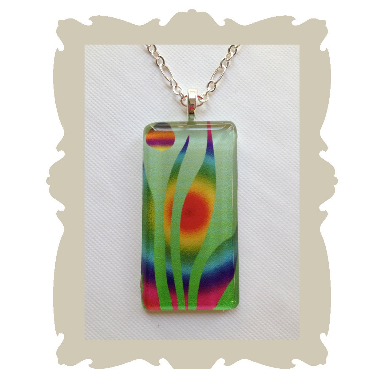 Glass Rectangular Chic Mod Fashion Pendant with silver chain necklace handmade jewelry flaming rainbow multicolor on green art