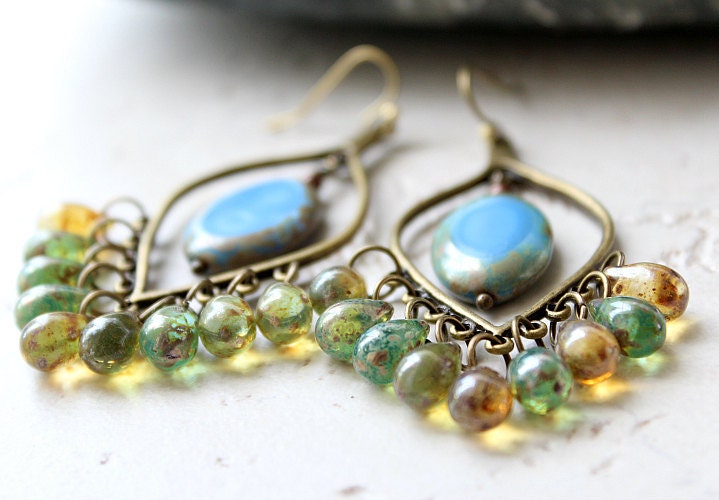 Baby Blue Spring Bronze Chandelier Earrings, Blue Green Yellow Bohemian Hoops, Large Boho Dangles, Czech Glass, Gypsy Jewelry