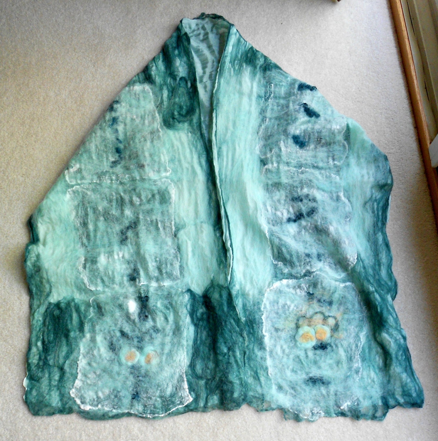 Nuno Felted Merino Wool and Habotai Silk Scarf Light and Dark Teal with Wool Flowers and Beads
