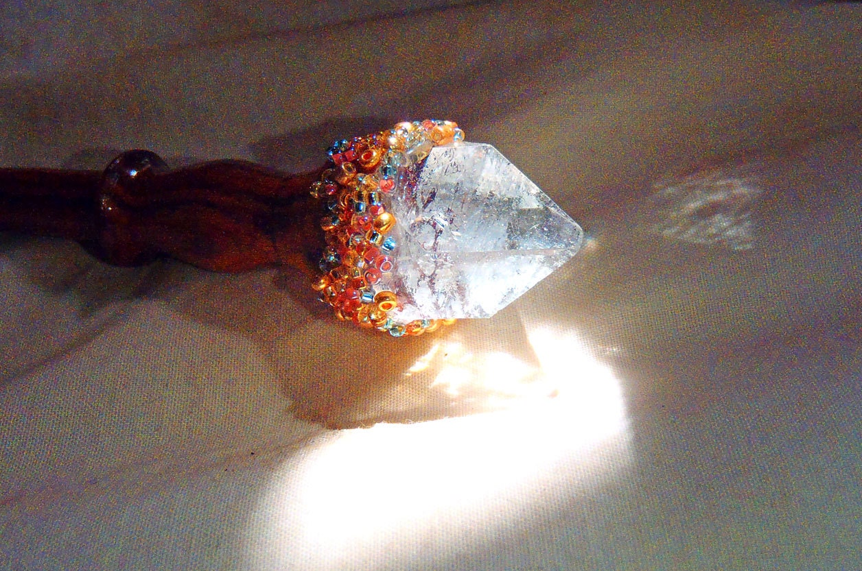Wand twisted coco bolo wood Quartz crystal pyramid