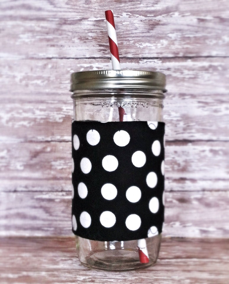 Mason Jar Tumbler 24oz Black and White Polka Dot Insulated Cozy w BPA Free Straw - Travel Mug Great Gift