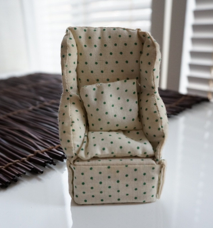 Tiny hand made white arm chair and ottoman with green polka dots