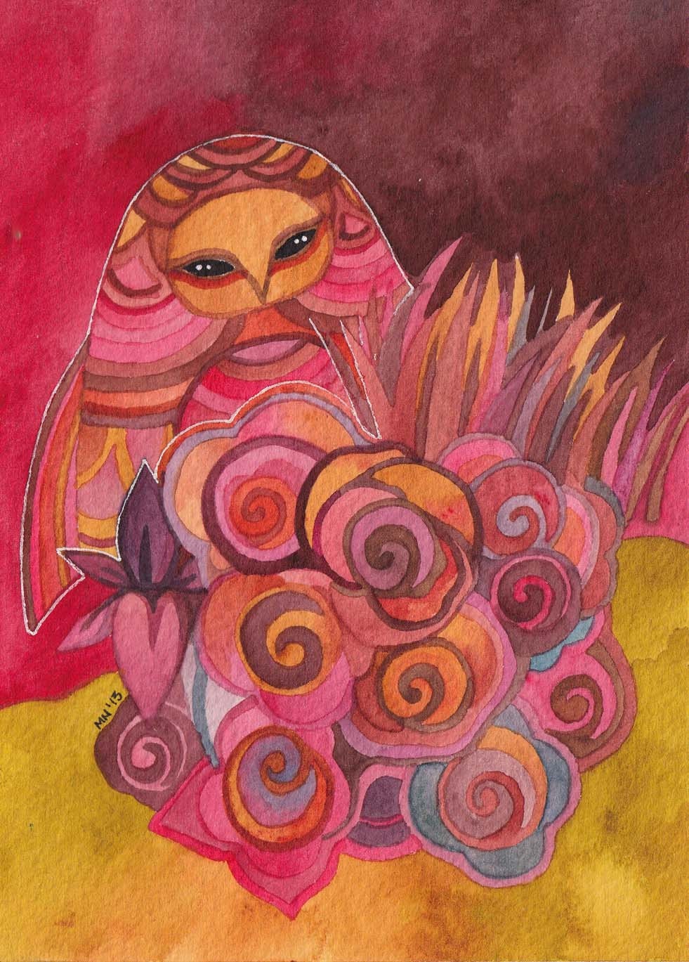 Ruby Owl Original Watercolor by Megan Noel