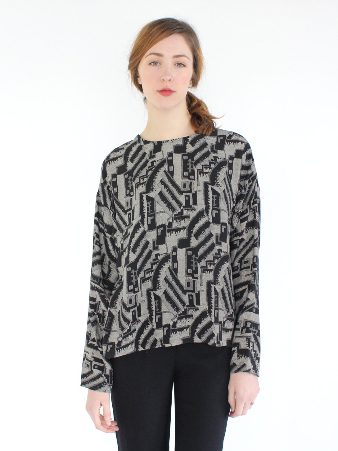 vintage 90s surreal abstract escher inspired printed blouse / unique print rayon top
