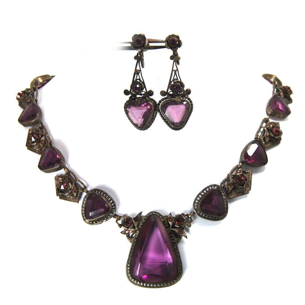 An Antique Amethyst Czech Glass Necklace and Earrings Demi Parure Set Signed Czechoslovakia Circa 1900-1910