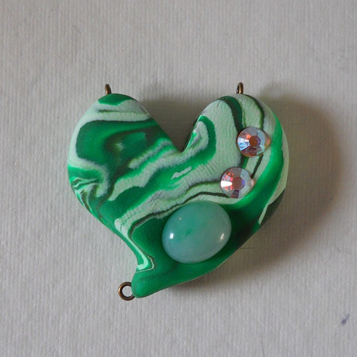 Marbled Greens and White RUSTIC HEART Pendant/Focal/Bead with Swarovski and Green Aventurine