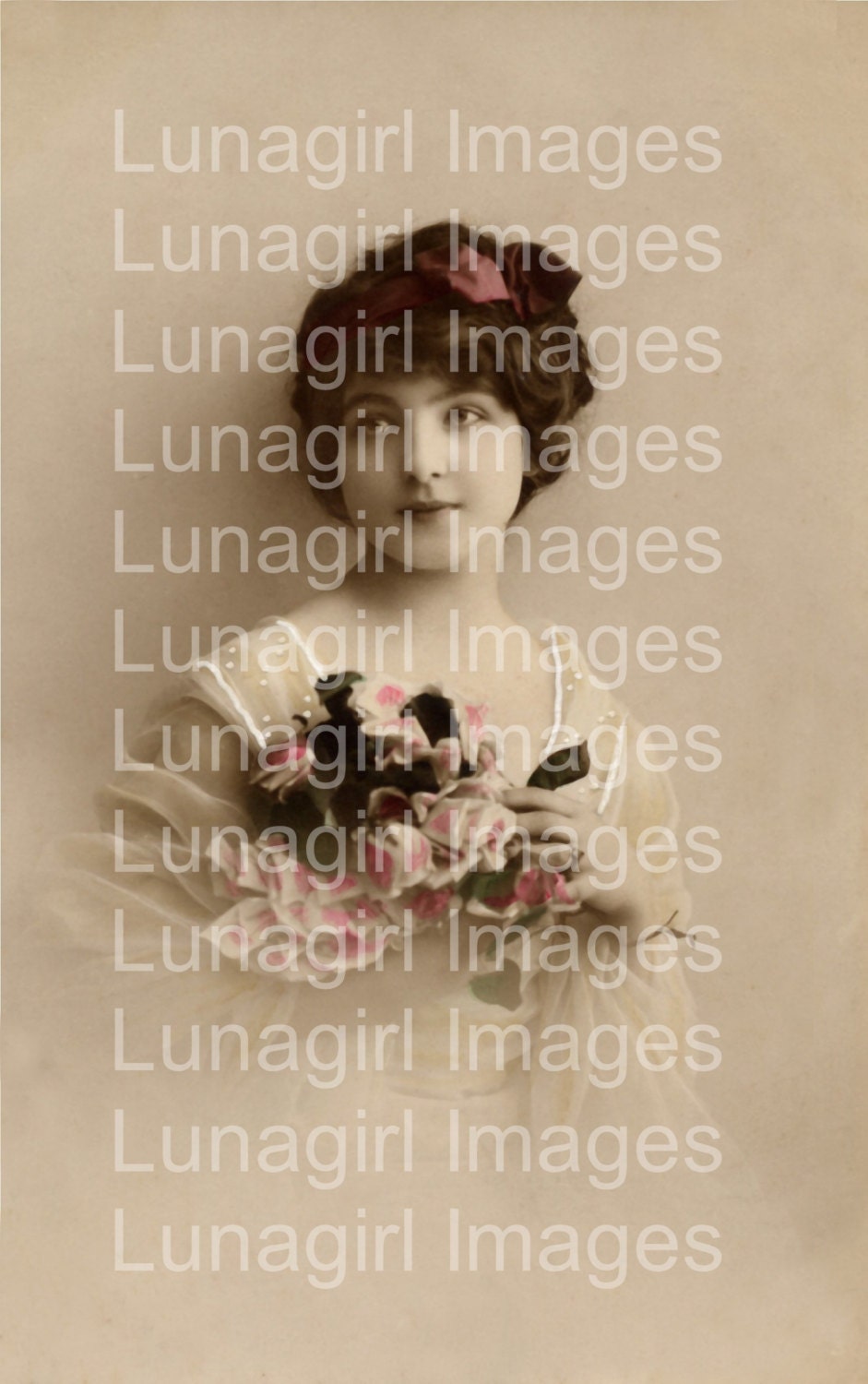 DIGITAL DOWNLOAD vintage photo Victorian girl flowers roses postcard image French woman Edwardian altered art ephemera very high resolution