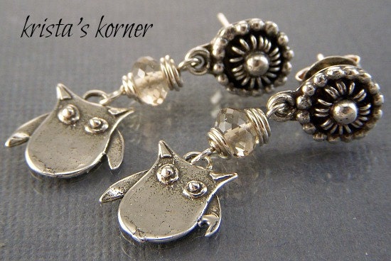 Give A Hoot - Sterling Silver Owl and Gemstone Earrings