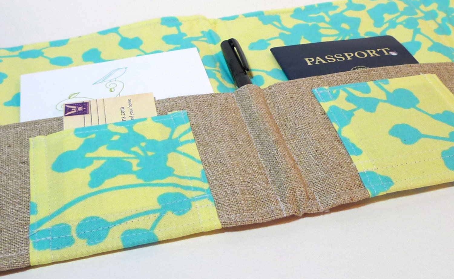 NEW Spring 2013 Organizer for Stationary, Travel Documents, Passports, Coupons- In Touch Clutch (tm) in Lime Yellow and Teal Coriander