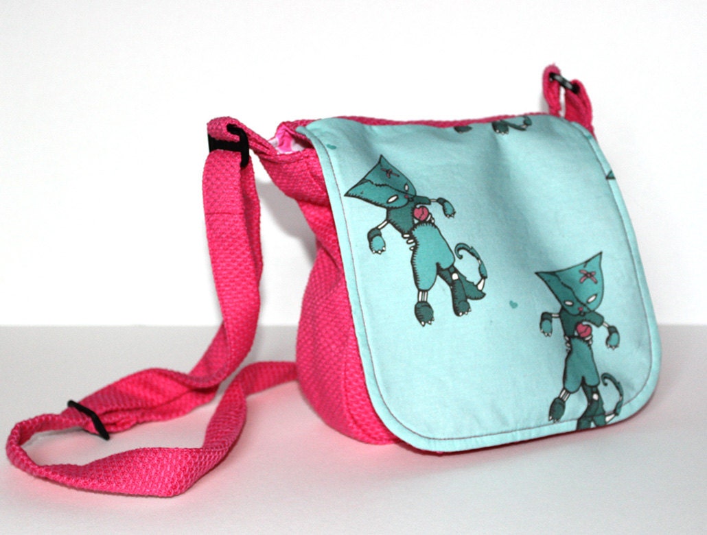 Zombie cat bag - pink shoulder bag with adjustable strap and pink stripy lining - lolita goth messenger