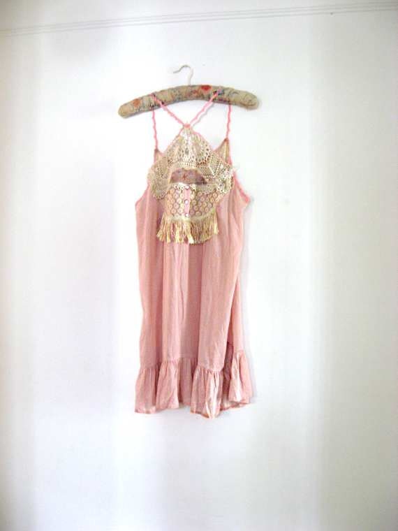 SALE - Strappy Pink Dress, Floaty, Light, Recycled, Vintage Embroidery, Crochet,  Lace, Fringe, Cream,  Rustic, Boho
