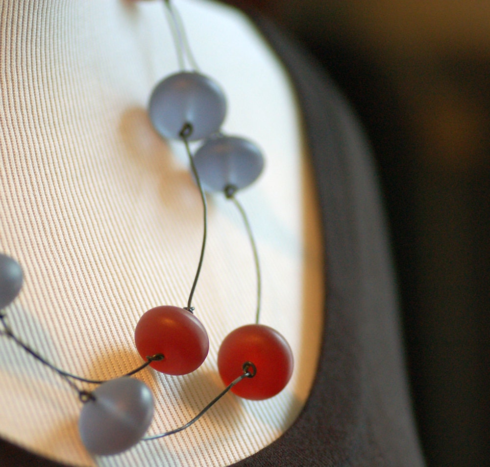 Iolite Blue and Burgundy Resin and Recycled Telephone Wire Double Strand Necklace