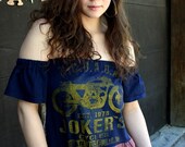 REVIVAL Upcycled Boho Biker Top, Off the Shoulder,Plaid,  Small to Medium, Recycled Tshirt, Repurposed, Eco Friendly