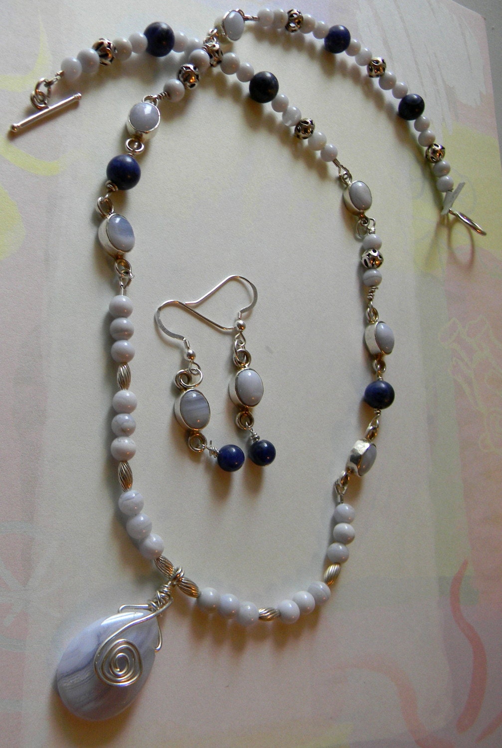 SALE Blue Lace Agate Sterling Silver Necklace and Earrings