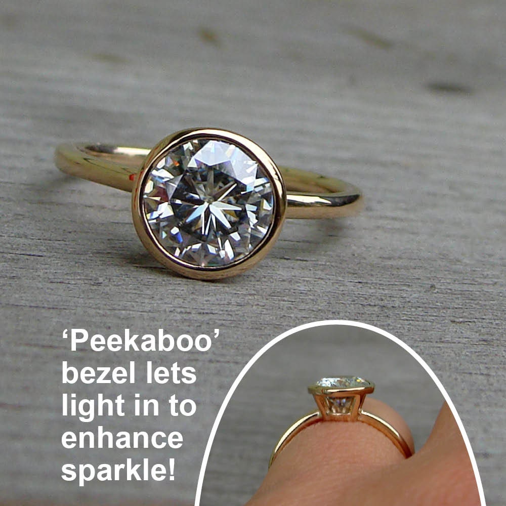 Forever Brilliant Moissanite and Recycled 14k Yellow Gold Alternative Engagement Ring with Peekaboo Bezel Setting, Made to Order