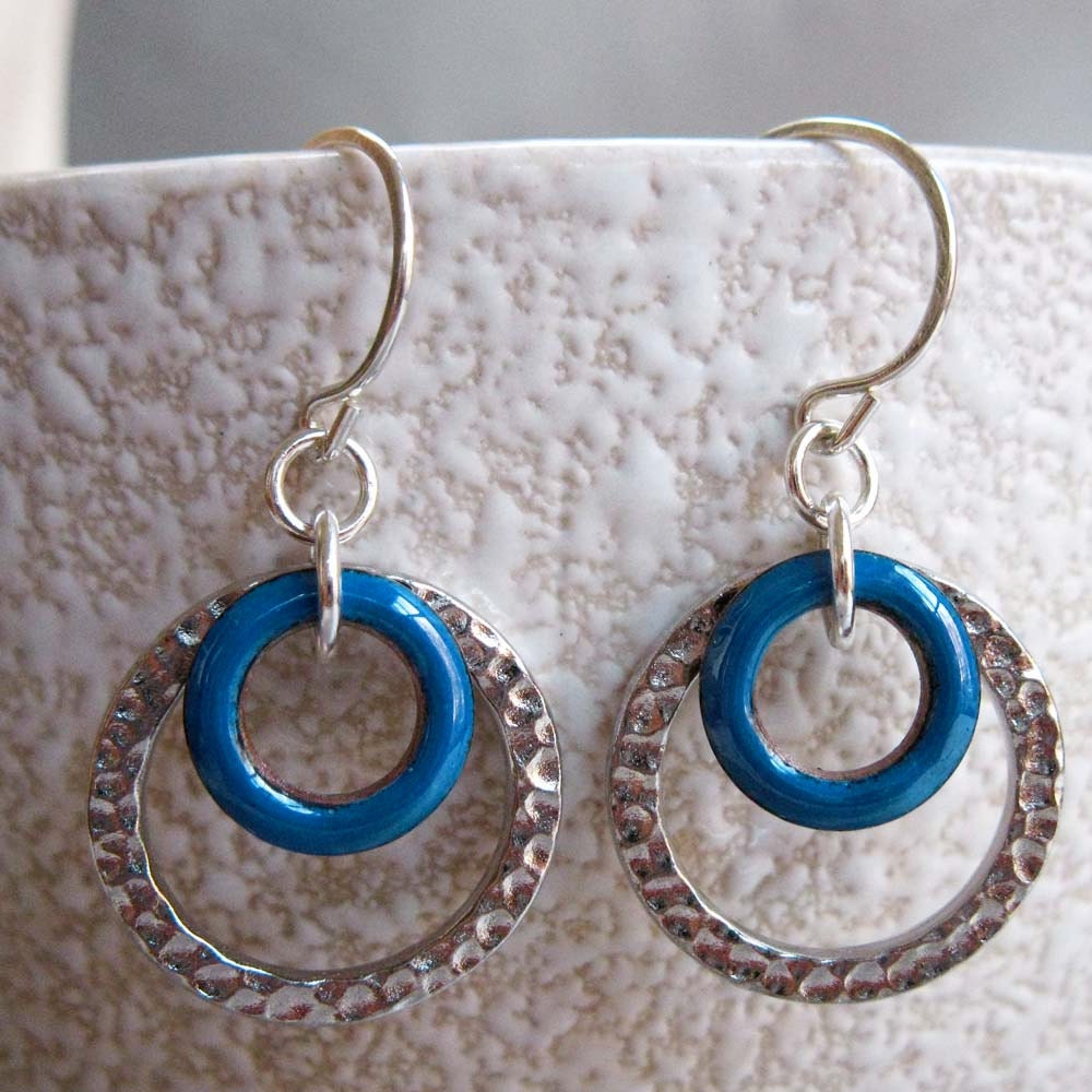 Ready to Ship, LoopDeloop Enamel Earrings, Kiln-Fired Peacock Blue Enamel on Copper with Hammered Silver Loop, Sterling Silver Earwires