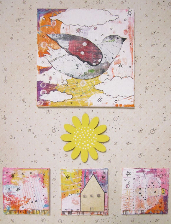 Bird Painting , Acrylic Painting , Original Mixed Media Collage Art Painting , Whimsical Folk Art Painting