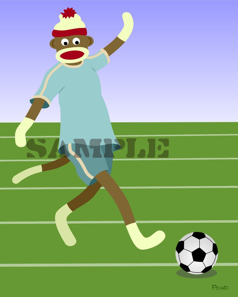 8x10 Print Sock Monkey Soccer Player in Uniform Kicking Ball