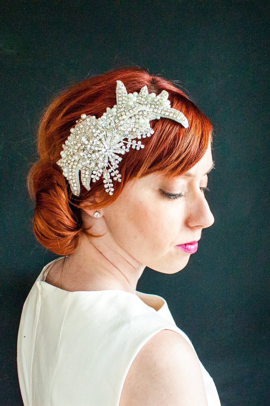 Bridal rhinestone and pearl headpiece, hand sewn, appliquéd-made to order