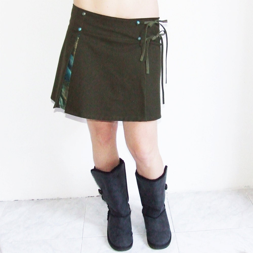 Army Green and Traditional Japanese Short Skirt , Mini Skirt , Wrap Skirt