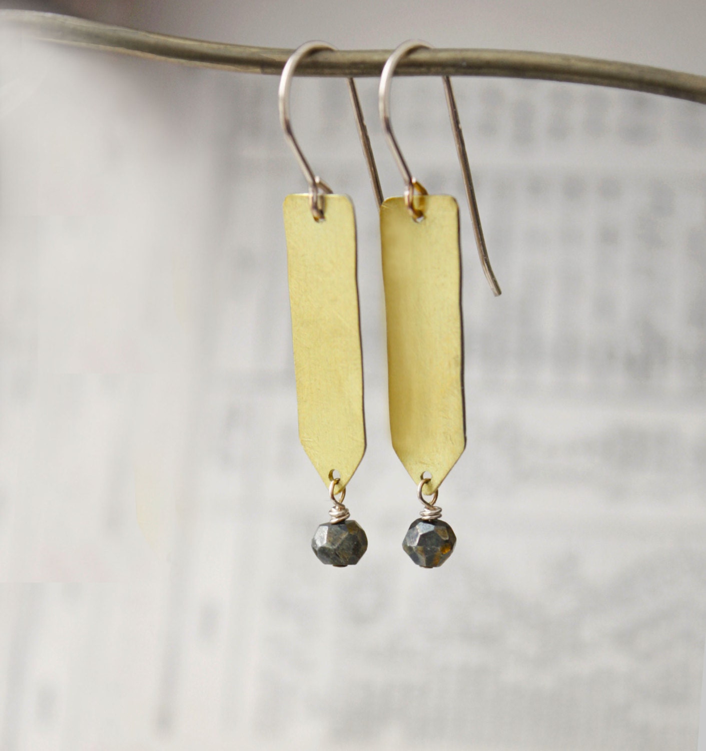 Pyrite earrings, gold brass jewelry, modern tribal boho arrow,