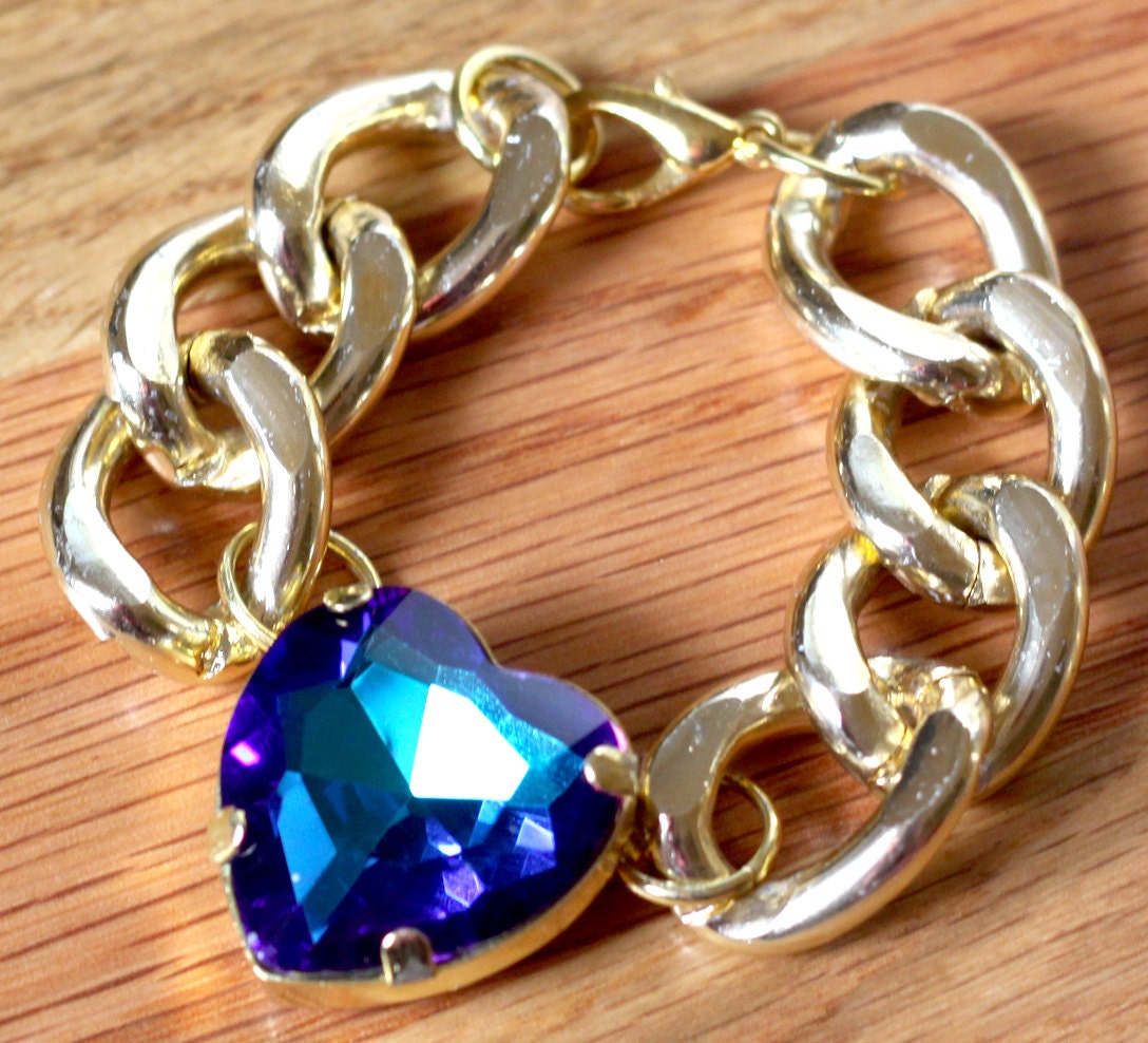Crystal Heart Charm Bracelet - Bermuda Blue Swarovski w/ Your Choice Of Gold Or Silver Chain