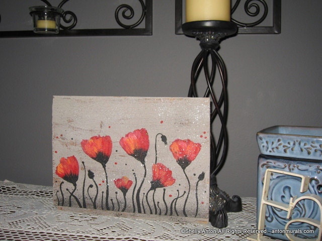 Red Poppies Painting on Old Reclaimed Wood