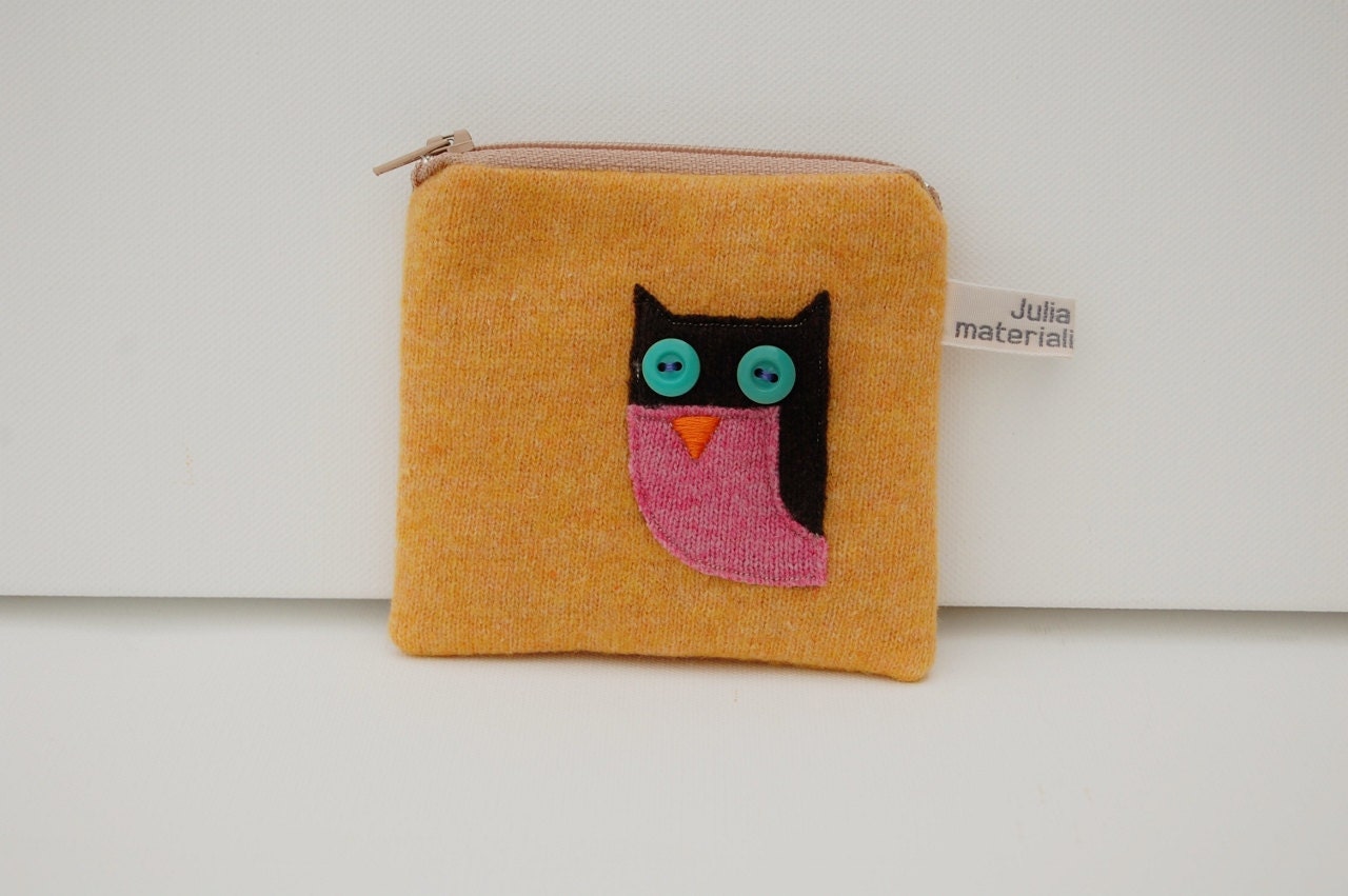 OWL Coin Purse made with yellow recycled wool and buttons