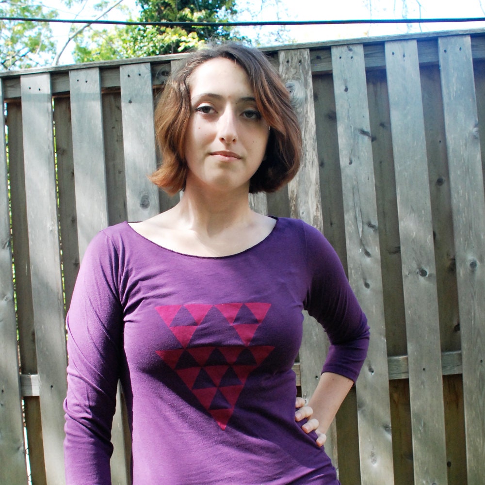 Silkscreen womens tshirt, pink 3/4 sleeve, pink triangles design, S-XL, womans top, womens graphic tee