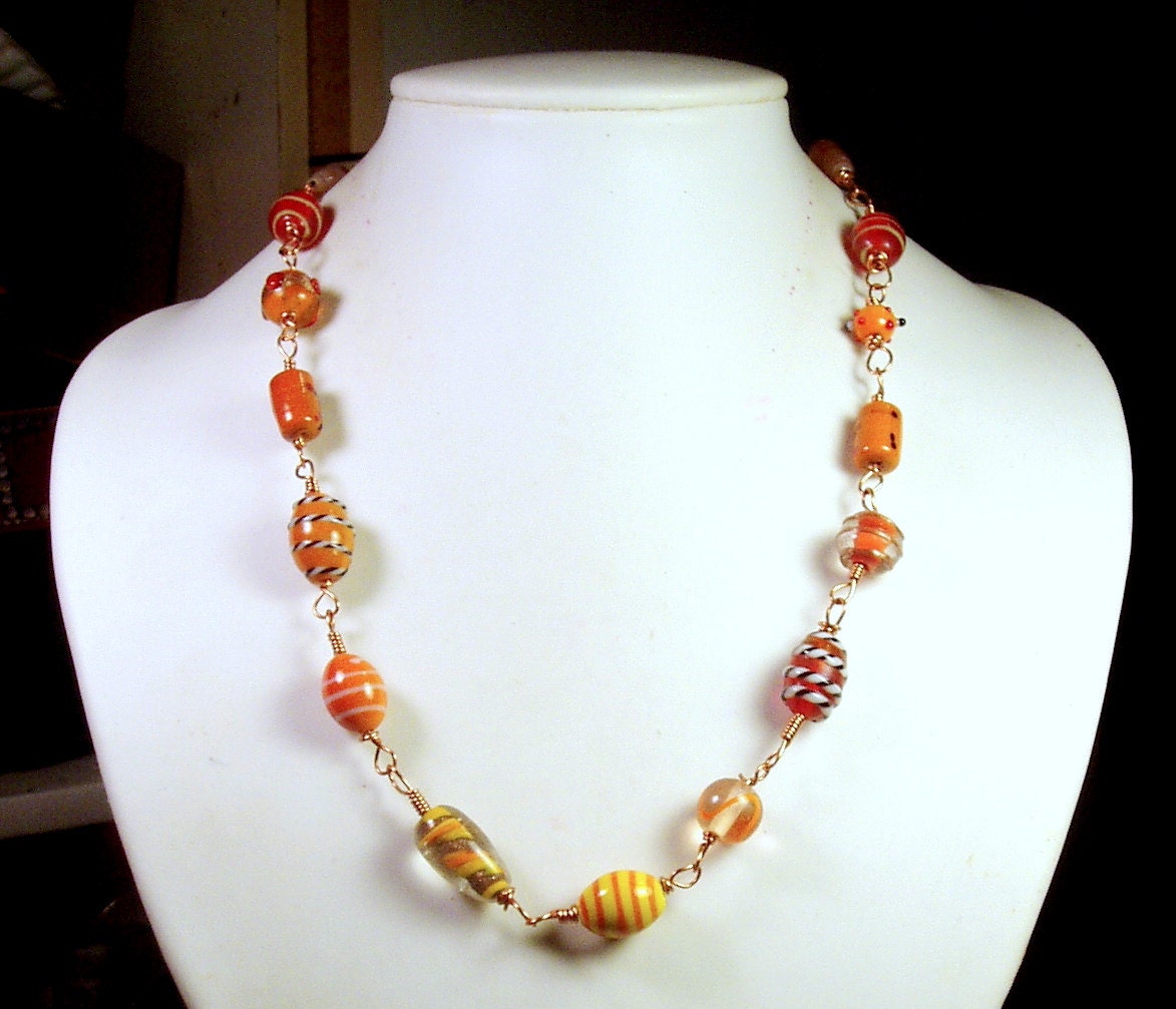 COPPER ORANGE BRASS Beaded Wire Wrapped Lampwork Necklace 23" Long - 100% Handmade and One of a Kind
