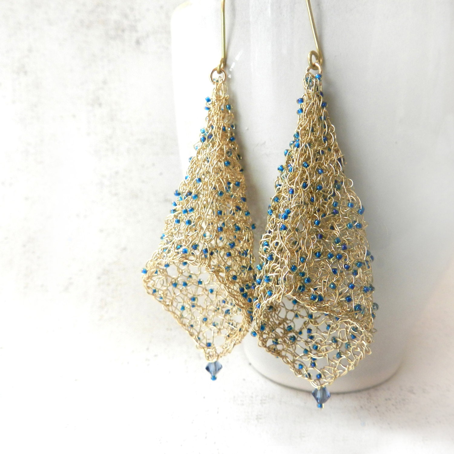 Gold Beaded Earring, Wire Crochet Earring, Blue Gold Jewelry, 14K Goldfill Earrings, Wire Crochet Jewelry, Renaissance Style, Notre Dame