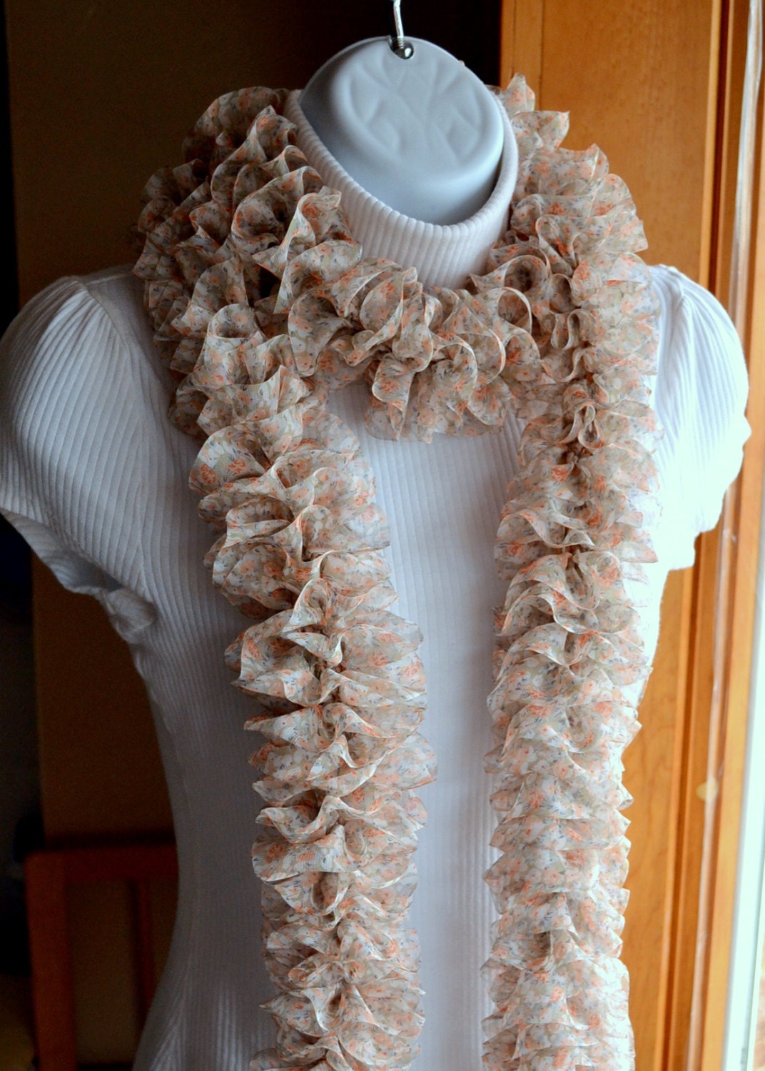 Floral Ruffle Scarf Lightweight Chiffon Beige with Peach Roses Ready to Ship