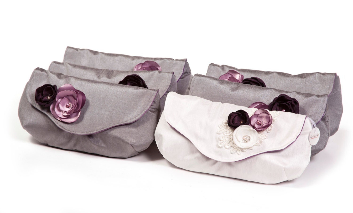 Set of Bridesmaid Clutches  - Fold Over Snap Closure - Charcoal, Silver, Eggplant, Lavender