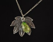 Real Silver Leaf with Real Green and Silver Scarab Beetle Necklace
