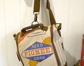Pioneer Seed Corn - Iowa - Vintage Seed Sack Convertible Backpack Shoulder Bag - Canvas & Leather Bag... Selina Vaughan