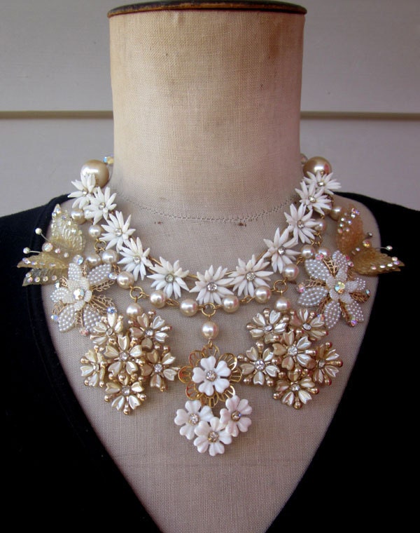 Vintage Wedding Flower Bib Statement Necklace - Butterfly Kisses