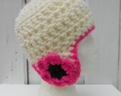 Girls Hat Girls Ear Flap Hat Pink Flower Pink and Black