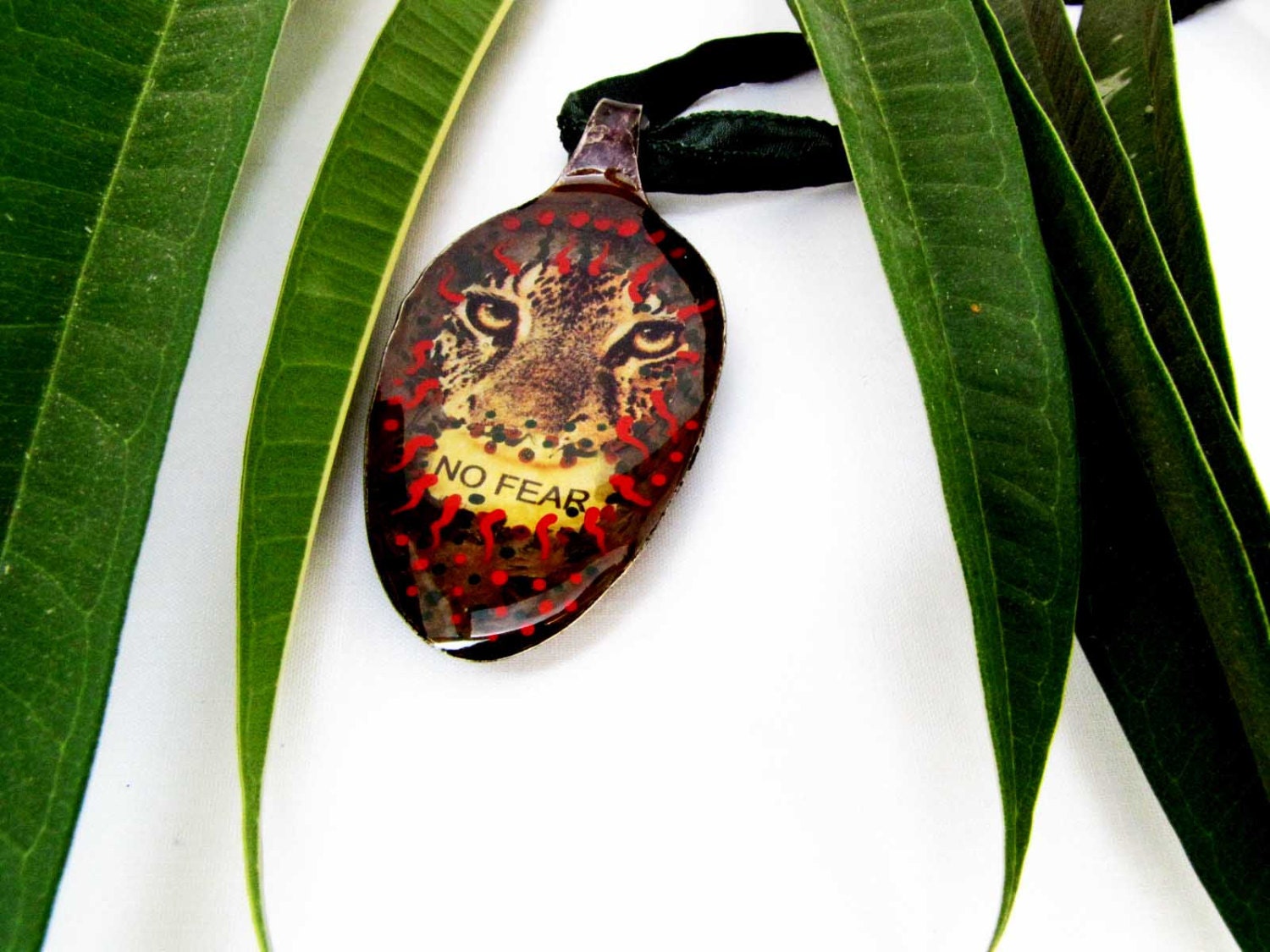 Recycled Silver Spoon Collage Tiger  Spoon Jewelry No Fear Vintage Spoon Resin Necklace  Collage Upcycled