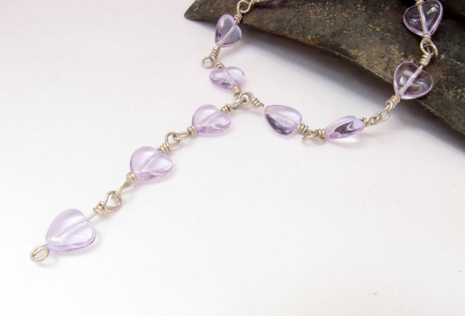 Lavender Heart Sterling Silver Wire Wrapped Necklace Lavender Glass Heart Wire Wrap Necklace