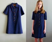 70s XS Blue Denim Embroidered Shift DRESS